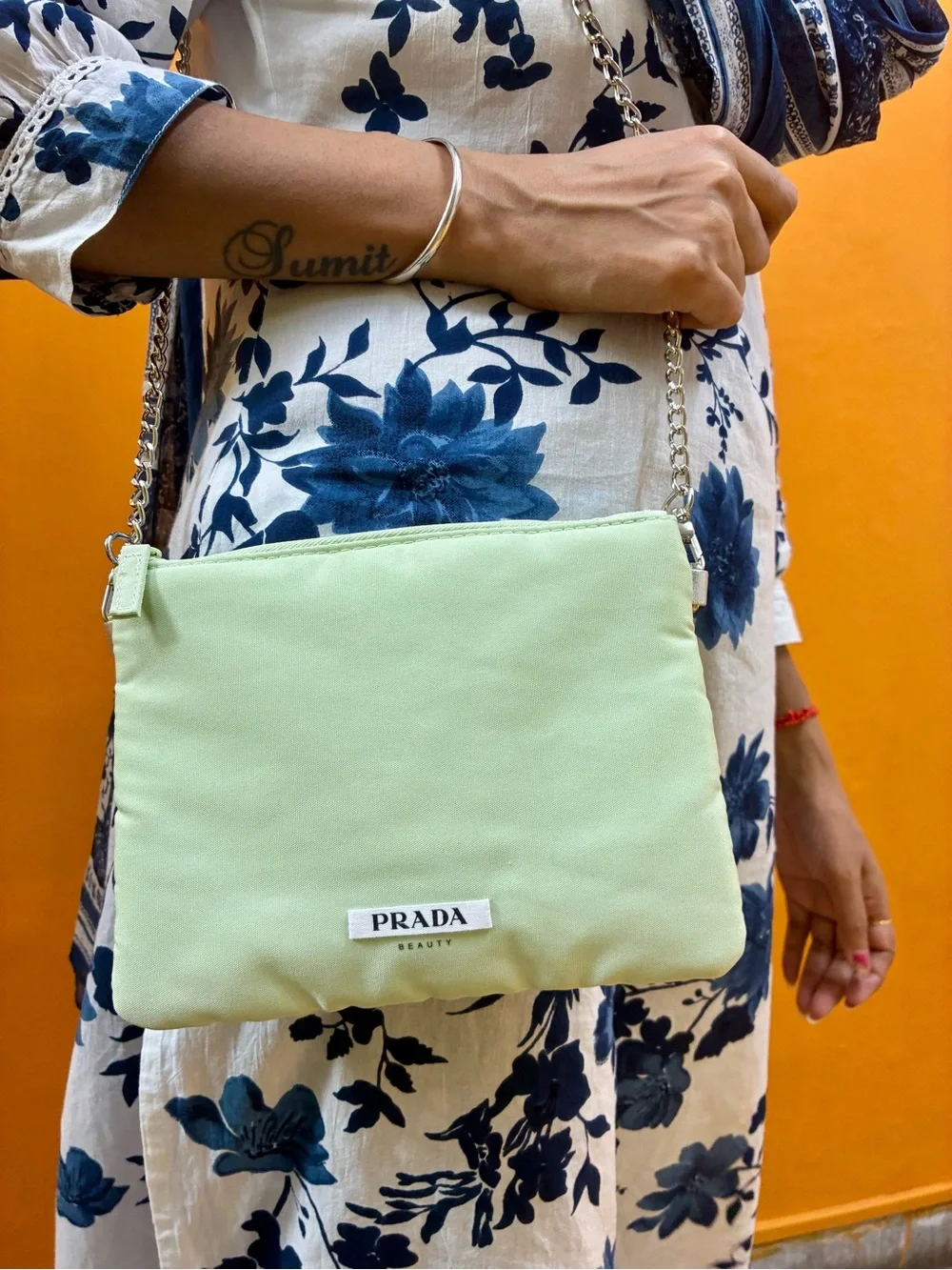 Classic and clean!Prada Beauty Mint Green Crossbody Bag with Chain Strap
